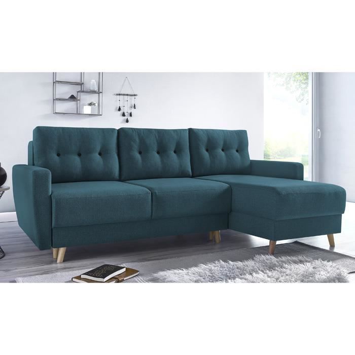 canape d angle convertible scandinave en tissu bleu canard kalix avec couchage 140x200 cm coffre de rangement angle reversible cdiscount maison