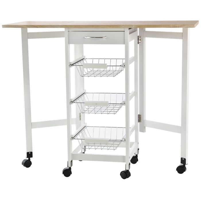 Chariot de service - HOMCOM - desserte cuisine roulettes 3 paniers métal tiroir rallonges - MDF - blanc chêne clair