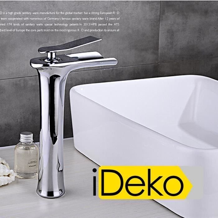 IDeko® Robinet Mitigeur lavabo cascade haut bec salle de bain design moderne Laiton Céramique chrome IDK3127 avec flexibles