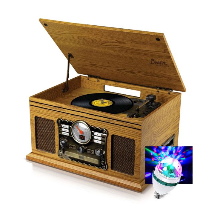 Tourne-Disque Stéréo - Britz - 50W- 33/45/78 Tours - Lecteur CD/Casette USB SD / Bluetooth RADIO FM / Look RETRO Ampoule