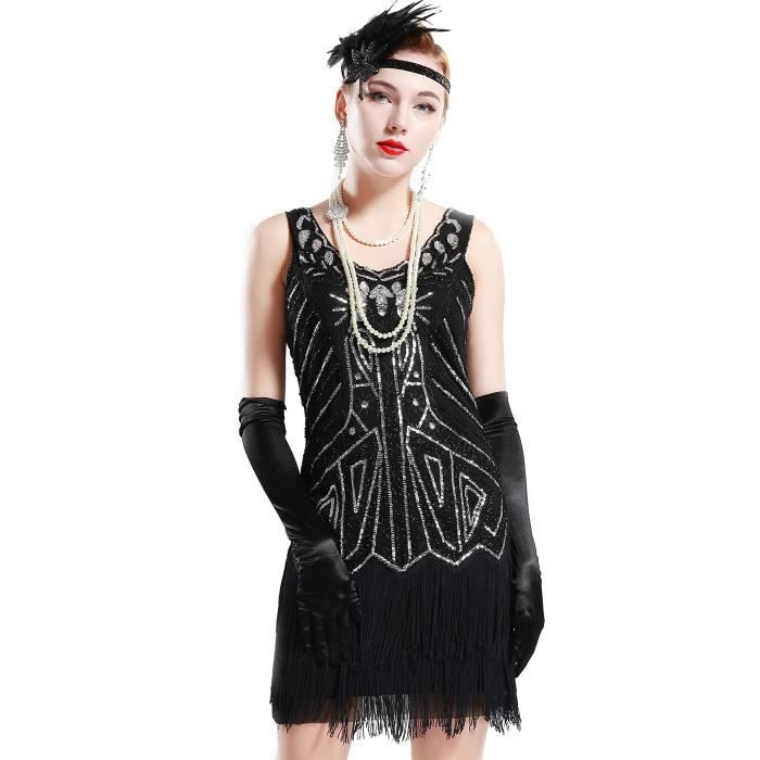 Mini Robe Femme Flapper Années 1920 Perles Frisées Gland Grande