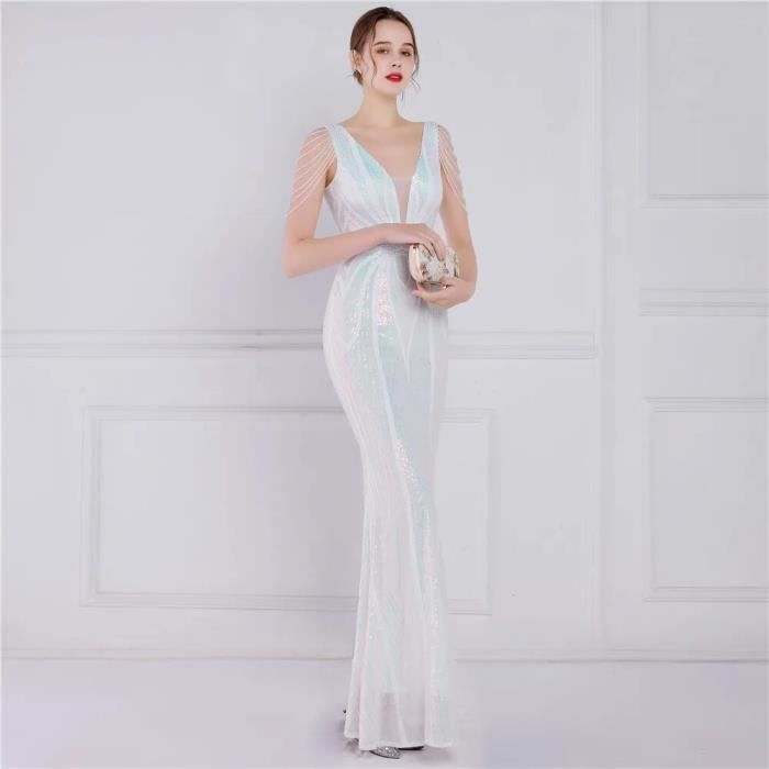 Robe DEERVEADO Robe de Soiree Longue Verte a Paillettes pour Femme Tenue de Luxe Elegante Chic et Formelle 2024 WHITE C8377 Blanc Cdiscount Pret a Porter