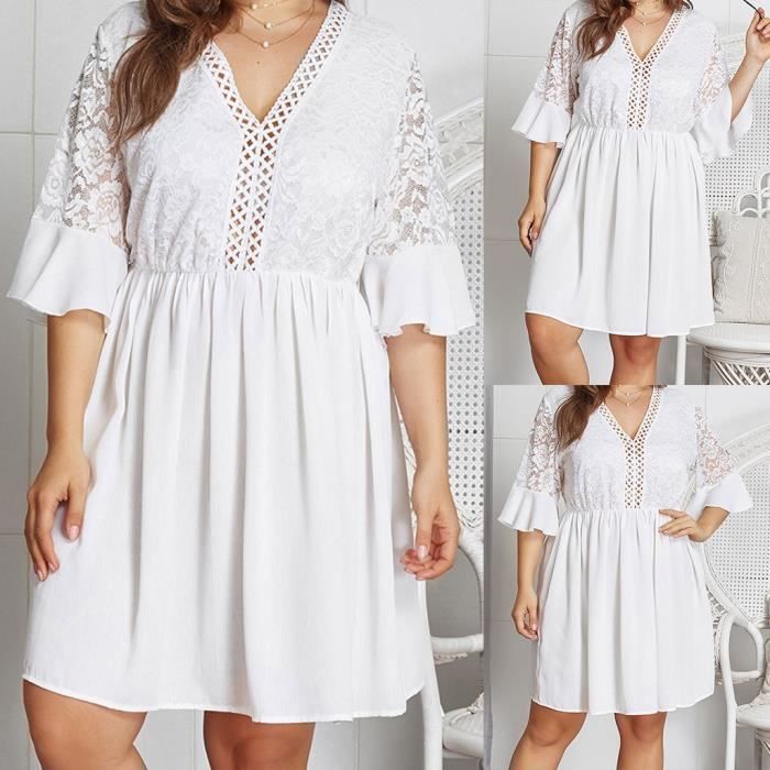 Robe D Ete Pour Femmes De Grande Taille Avec Col En V Et Dentelle Blanche Blanc Blanc Achat Vente Robe Cdiscount