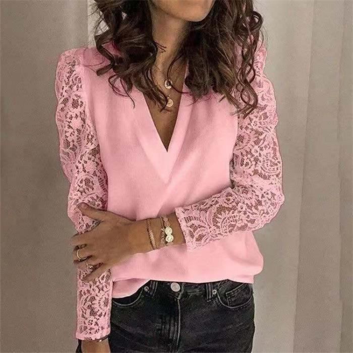 T-shirt manches longues col en V dentelle main image 0