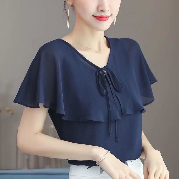 Chemise Chemisier elegant en mousseline de soie pour femme col en V volants n ud a lacets pulls decontractes vetements Marine Blanc Cdiscount Pret a Porter