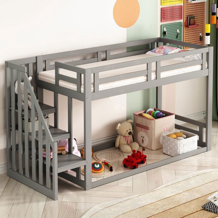 Lit superposé enfant 90x200 cm en bois massif avec escalier de rangement et barrière de sécurité sommier inclus gris