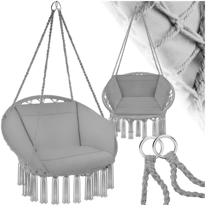 Fauteuil suspendu - TECTAKE - Siège GRAZIA avec rembourrage et pompons décoratifs 80 x 72 x 125 cm - Gris