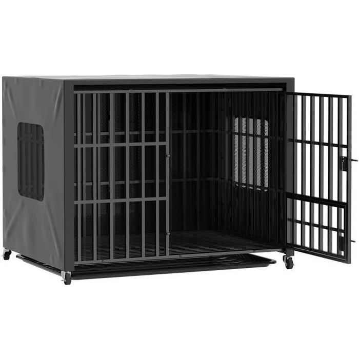 Cage pour Chien Grande Taille Métal 95x81x57cm Caisse de Transport sur Roulettes avec Housse de