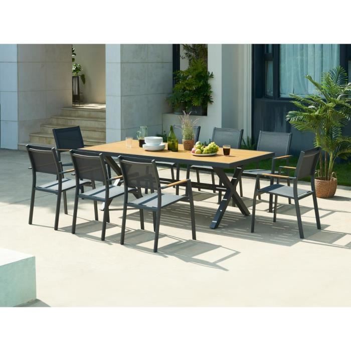 Salle à manger de jardin en aluminium : une table L.220 cm et 8 fauteuils empilables - Anthracite et naturel clair - INOSSE de MYLIA