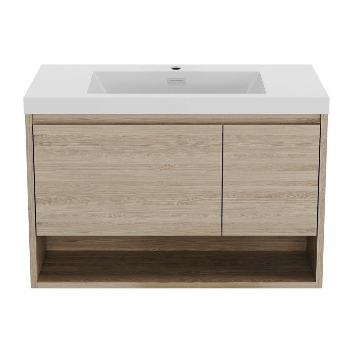 Meuble de salle de bain suspendu simple vasque coloris naturel clair - 90 cm - PUJUKA