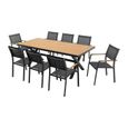 Salle à manger de jardin en aluminium : une table L.220 cm et 8 fauteuils empilables - Anthracite et naturel clair - INOSSE de MYLIA-1