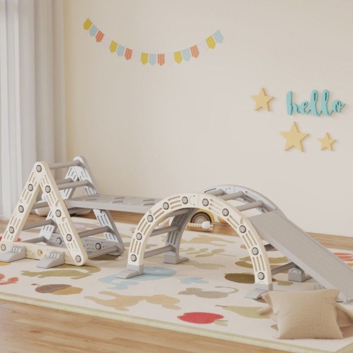 Montessori Kit de jeu d'intérieur 7 en 1 avec toboggan, arche et tapis pour tout-petits et enfants (1-3 ans