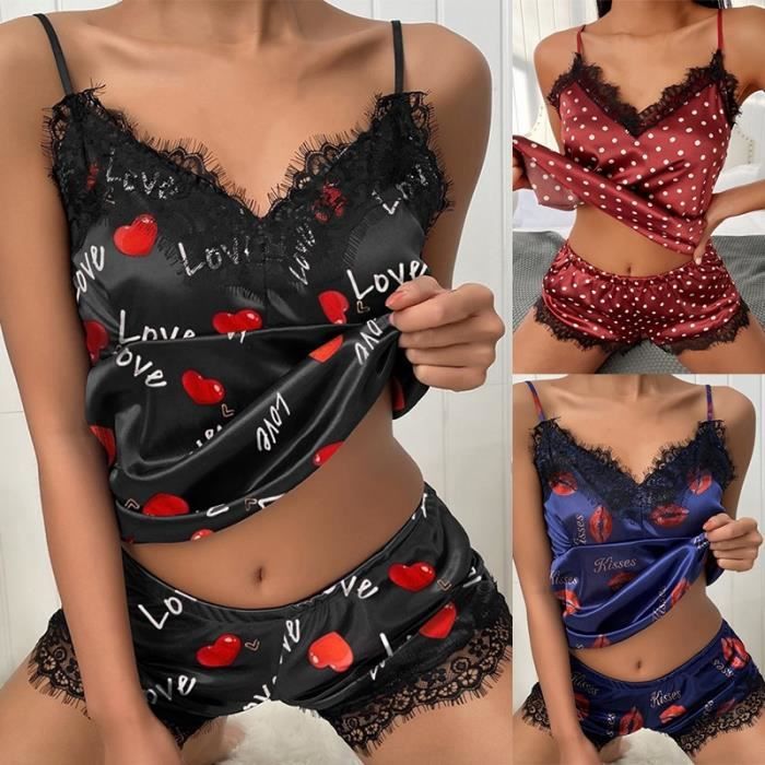 Pyjama Sexy en Dentelle et Satin pour Femme Chemise de Nuit