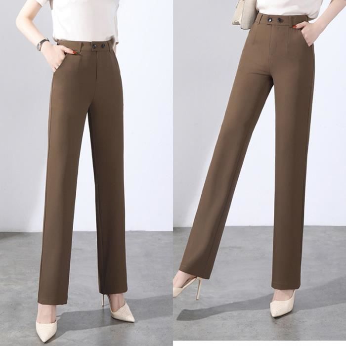 Pantalon Femme Coupe Droite Taille Haute Stretch Pantalon Business Couleur Unie Tissu Confortable Cafe
