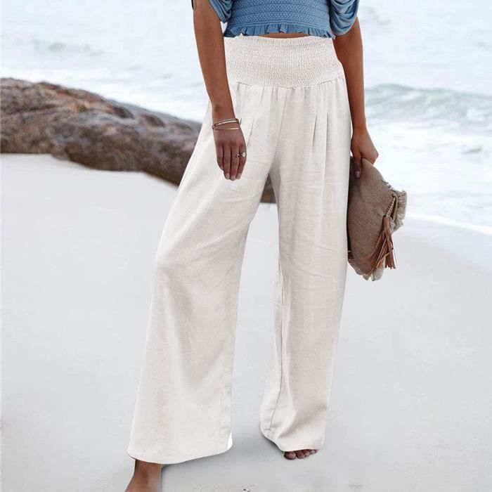 Pantalon Femme Coton Lin Taille Haute Casual Leger Grande Taille Cordon Elastique Ample Pantalon Large Chic avec Poches Jogging Alezan Cdiscount Pret a Porter