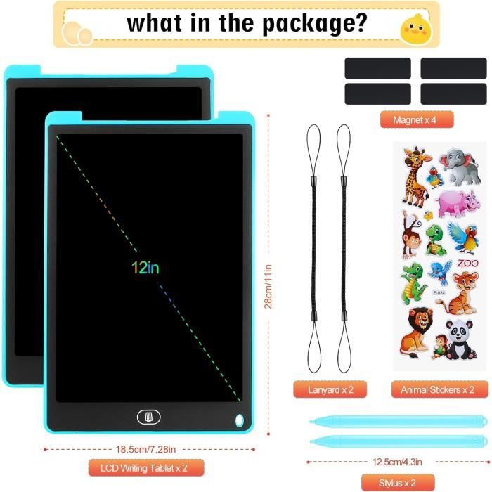 Tablette D'écriture LCD 12 Pouces Colorée – Lot De 2 (bleu + Rose) Pour Enfants Dès 3 Ans, Sans Rayonnement, Bouton Verrouillage
