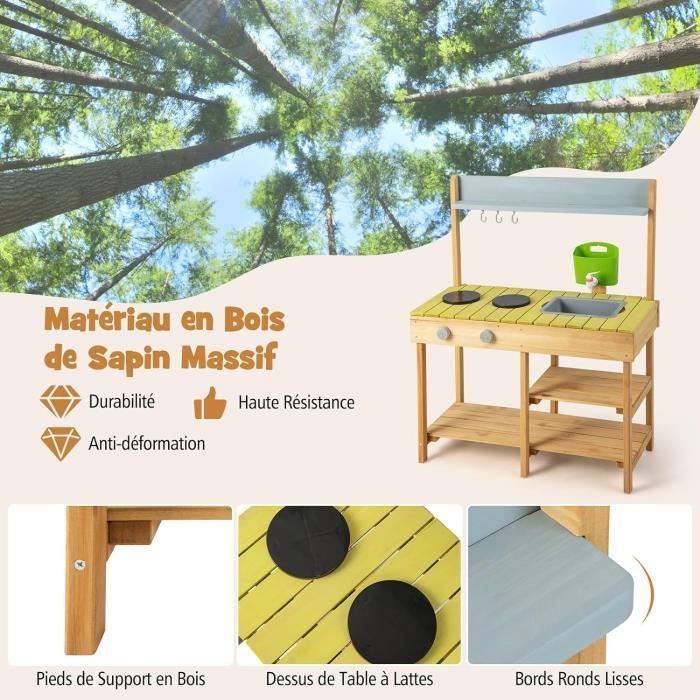 Dreamon Cuisine Extérieur Enfant en Bois avec Évier Amovible - Mud Kitchen Enfant avec Tableau Noir, Outils