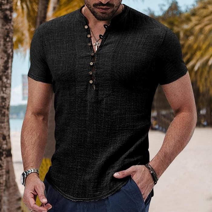 Chemises Casual Homme Chemise Col Mao Homme Cotten Lin Chemise Ete Homme Bouton Chemise Homme Manches Longues Noir