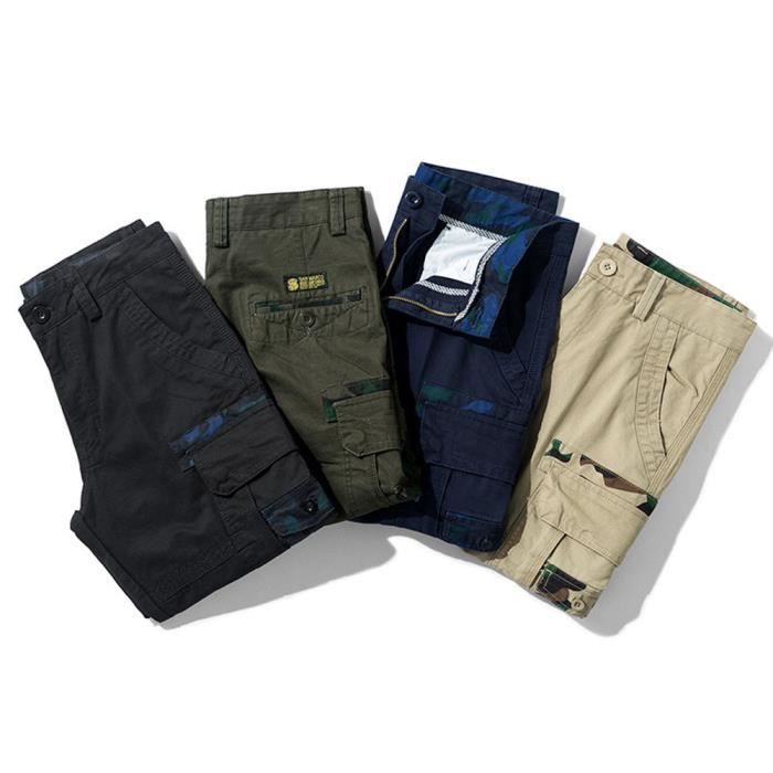 Bermudas Homme Eté Outdoor Casual Cargo Bermudas Multi Poches Coton Couleur Unie Bermuda Noir