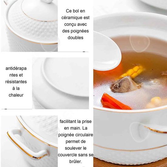 Bol à Soupe TAMUME Porcelaine - 1100ml Avec Couvercle Double - Cuisson Lente
