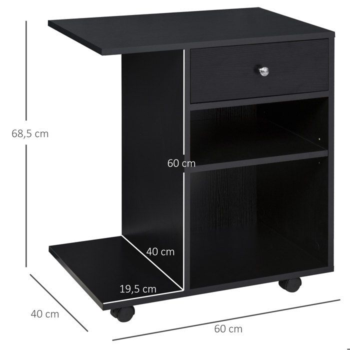 Support Imprimante Roulant En Bois Chêne 80x40x72cm - Avec Tiroirs Et Niches - Bureau Ou Maison