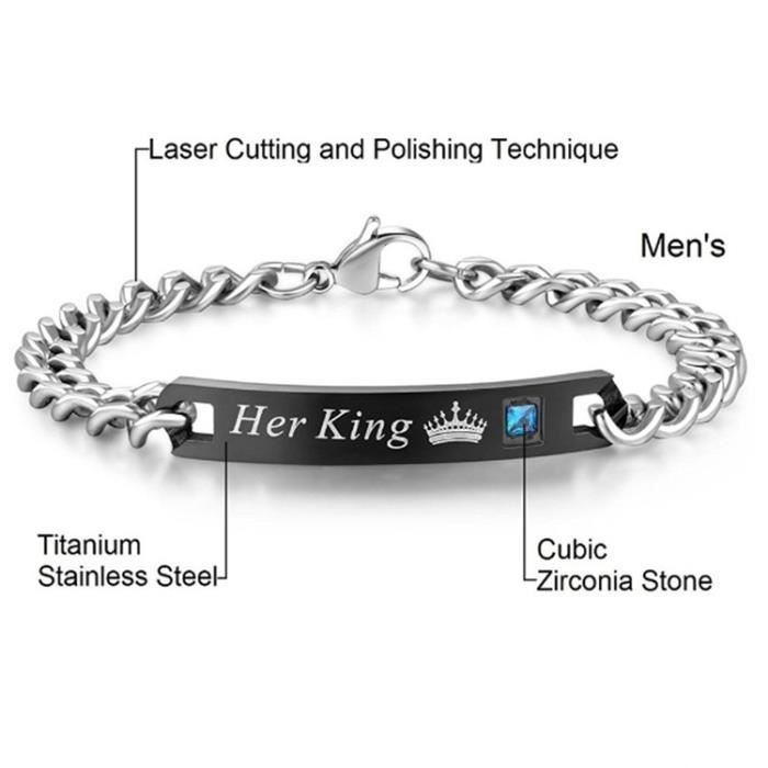 Bracelet Couple Gravure Personnalisée - Acier Inoxydable Argenté - Chaîne Figaro Réglable