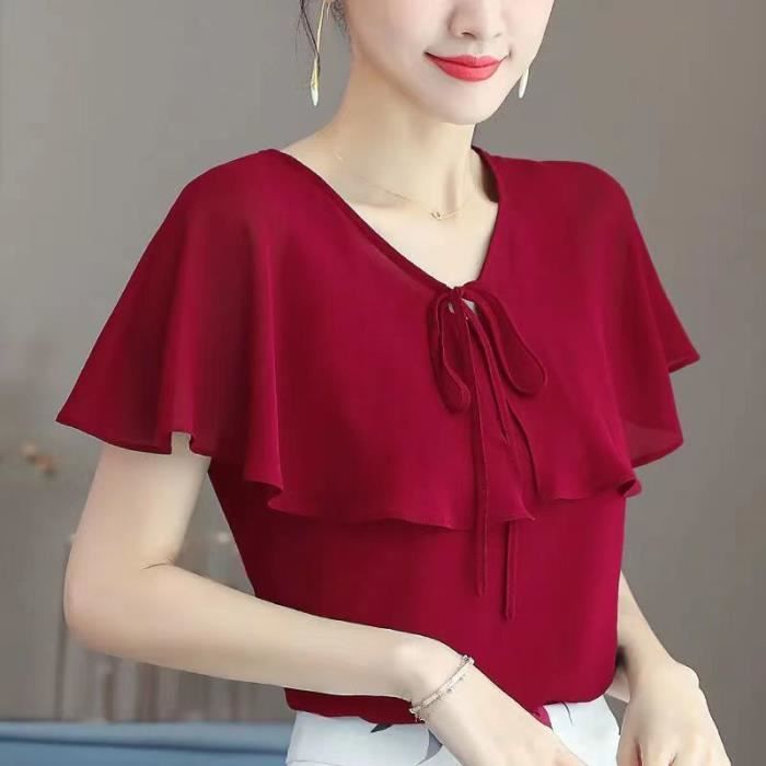 Chemise Chemisier elegant en mousseline de soie pour femme col en V volants n ud a lacets pulls decontractes vetements Marine Blanc Cdiscount Pret a Porter