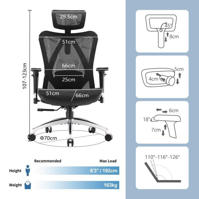 Sihoo Chaise De Bureau Ergonomique Charge Maximale 150kg Avec Repose-pieds  Noir à Prix Carrefour