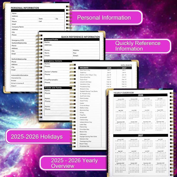 Agenda 2026 A5 Semainier - Reliure Spirale, Pages Mensuelles Et Hebdomadaires, Poche Intérieure - Design Nuit étoilée