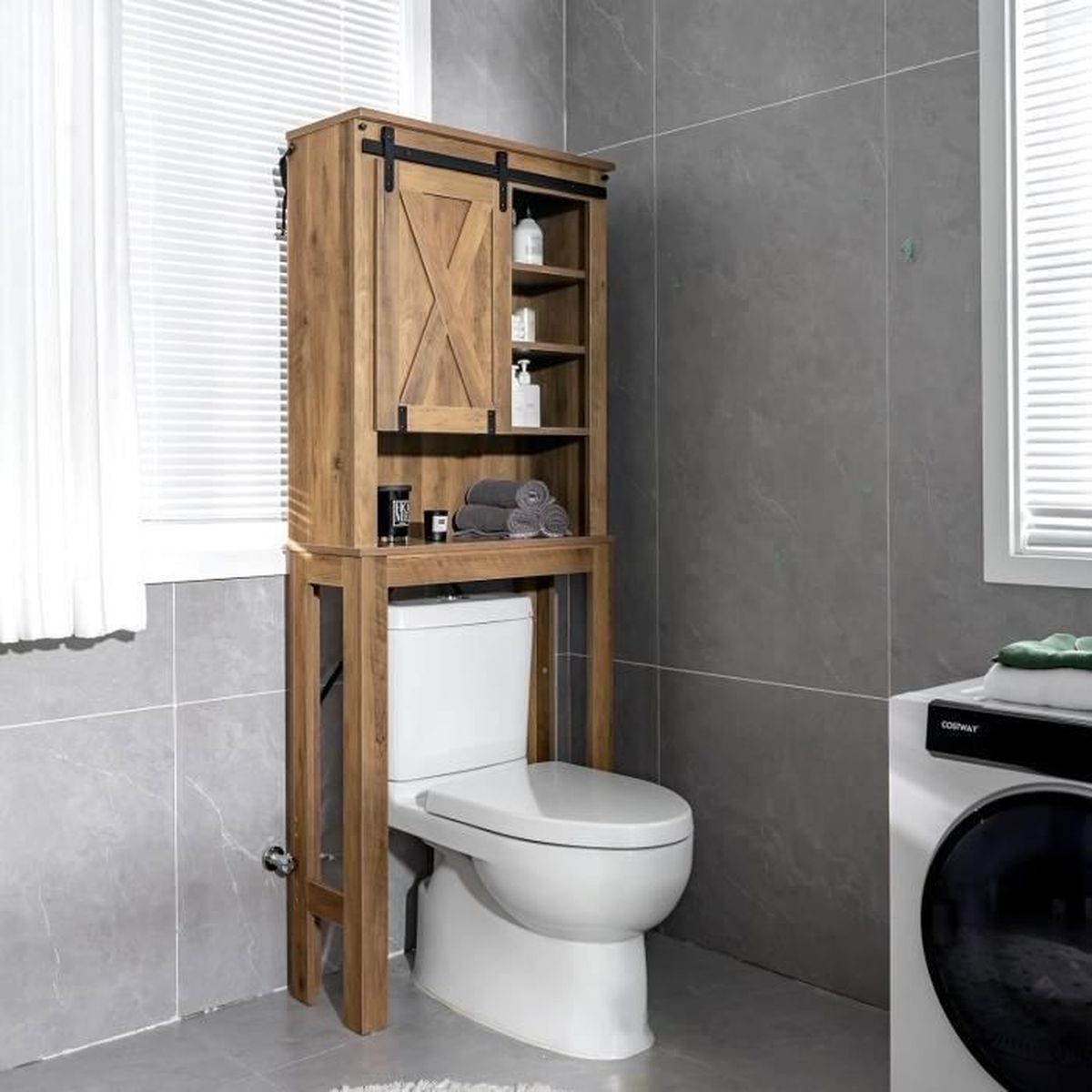 COSTWAY Meuble WC auDessus de Toilettes en Bois 4 Étagères avec Porte