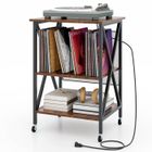 GOPLUS Petit Meuble de Rangement Roulant pour Tourne-disque et Disques Vinyles à 3 Niveaux avec Station de Charge Intégrée-Brun
