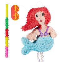 3 tlg. Pinata Set Meerjungfrau, Pinatastab mit Augenmaske, für Kinder, Stock & Augenbinde, selbst befüllen, Piñata, bunt