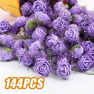 FLEUR ARTIFICIELLE 144 pièces violet 2.5cm ruban fil PE mousse artificielle rose fleur tête mariage boîte à bonbons bricolage matériel fleur