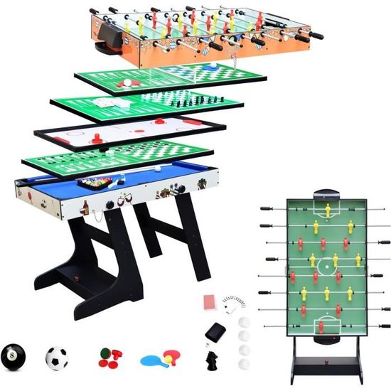 Hj Table Pliable 4 En 1 - Billard, Babyfoot, Hockey Et Tennis De Table 121cm