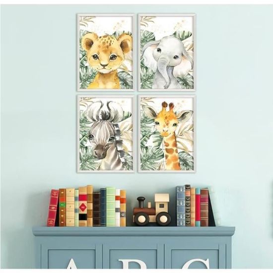 Youihom Affiche Animaux Safari Poster Chambre Bebe Foret Tableau Girafe Zebre Lion Léopard Tigre Elephant Cadre