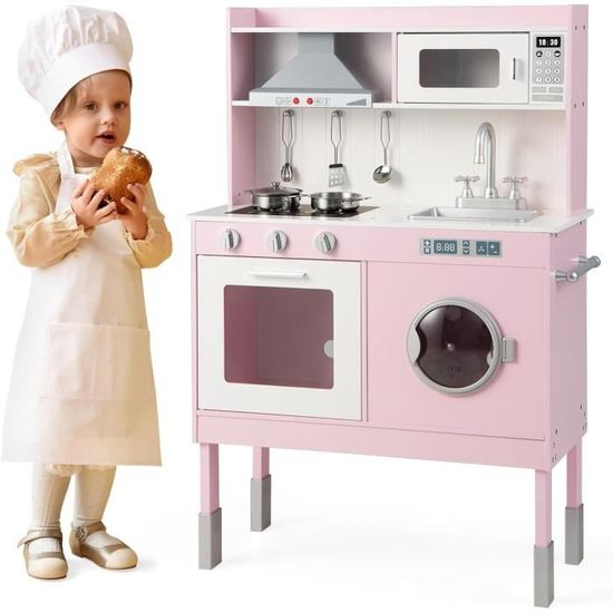 GOPLUS Cuisine En Bois Enfant Avec Effets Sonores Et Tableau Noir – Jouet D’Imitation Avec Rangements Et Accessoires, Idéal Pour 3-6 Ans