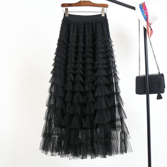 Jupe Longue Plissée En Tulle Noir - Taille Haute, Style Bulle à Volants, élégante Pour Soirée Ou Quotidien - 8