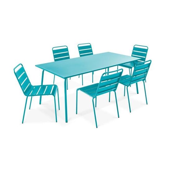 Ensemble table de jardin et 6 chaises en acier Palavas bleu - OVIALA