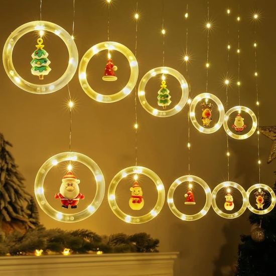 Rideaux Lumineux de Noël, Guirlande Rideau Lumineux Fenêtre Intérieur 3m  120 LED 8 modes USB 10 Anneaux avec Figurine Noël 3D A229