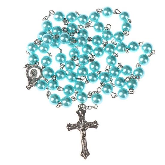 CHAPELET,BlueCollier en croix, chapelet de perles, pendentif catholique, vierge marie, bijoux