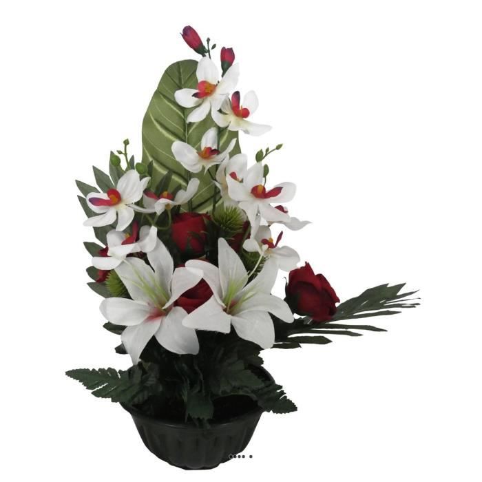 Composition vasque de roses, lys et orchidées artificielles, lestée, H 45 cm, D 29 cm, Rouge-blanc