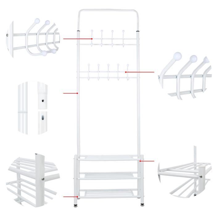 Porte-manteau vestiaire Métallique Portant Vêtement Étagères à Chaussures pour l'entrée Blanc