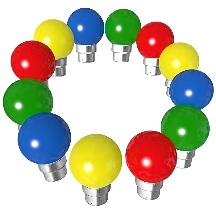 Lot de 12 ampoules Led B22 1W Guirlande Rouge, Jaune, Verte, Bleu Incassables (équivalence 15W)