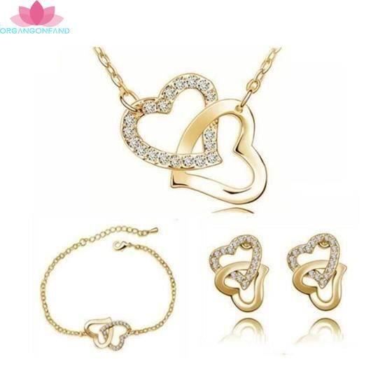 Parure bijoux femme dorée coeurs cristaux