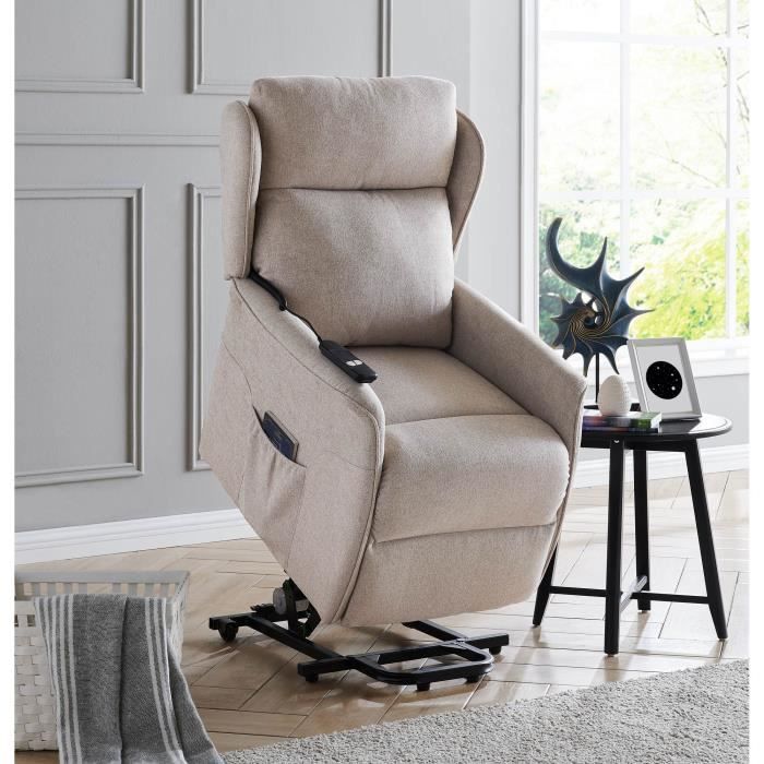 Fauteuil releveur relax en tissu beige à commande électrique DARKO