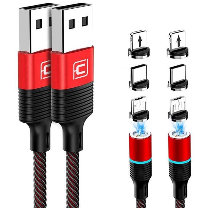 2PCS 1.2M Roue 3en1 Câble de Chargeur Magnétique QC3.0 Charge Rapide et Synchro Données Câble avec Micro USB Type C Iphone iphone