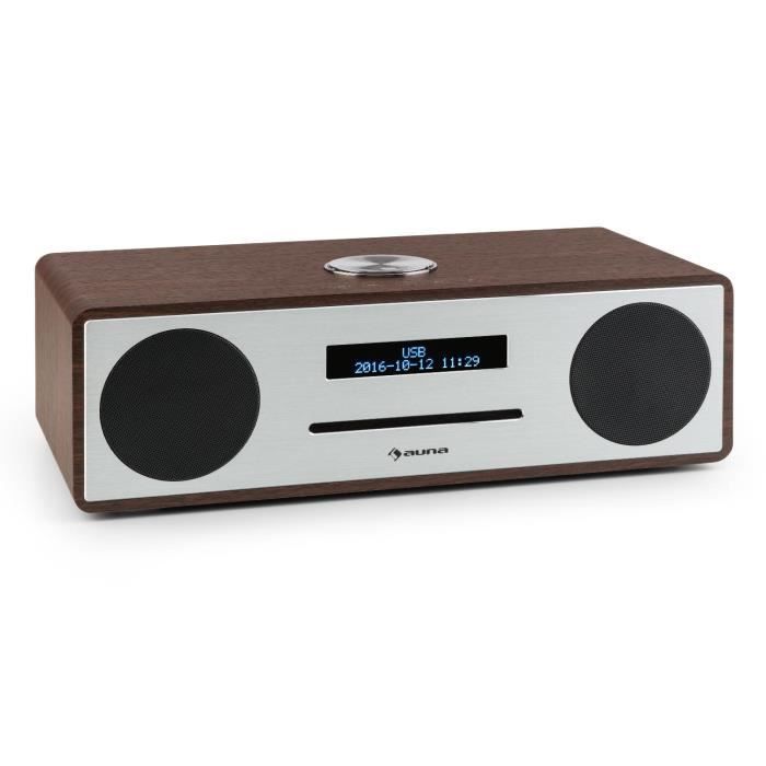 auna Stanford - Radio numérique Bluetooth avec lecteur CD et tuner DAB+-FM (entrée AUX, sortie casque, réveil) - bois marron