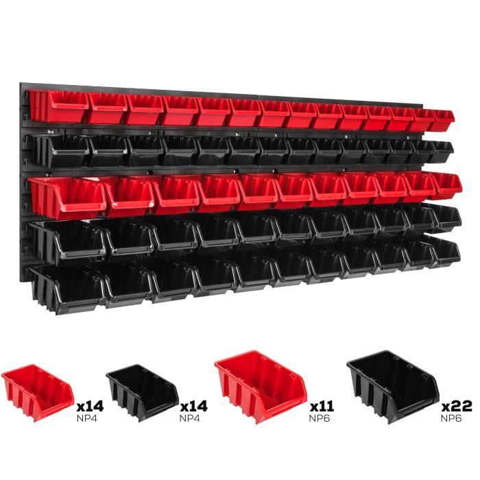 Système de rangement 115 x 39 cm a suspendre 61 boites bacs a bec XS rouge et noire boites de rangement