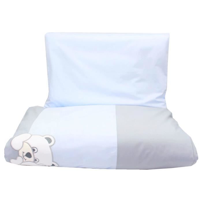 Callyna®- Housse de couette 135 x 100 cm et taie. Parure bébé en pur coton, fabriquée en UE. 2 Oursons Bleu Gris