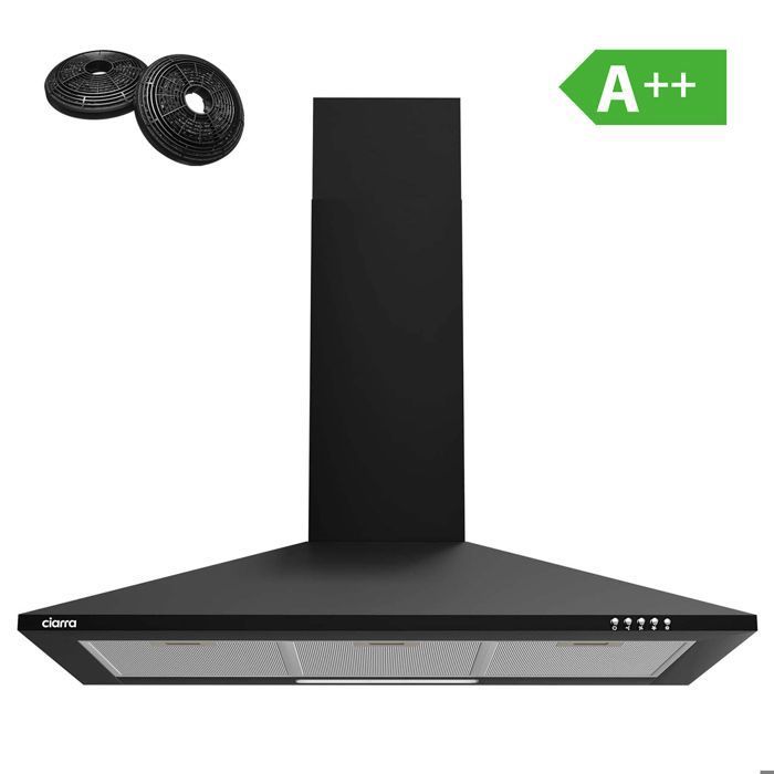 CIARRA Hotte Aspirante 90cm Noir - 2pcs Filtre Actif - 370 m³/h -3 Vitesses - Recyclage ou Evacuation - Eclairage LED - Classe A
